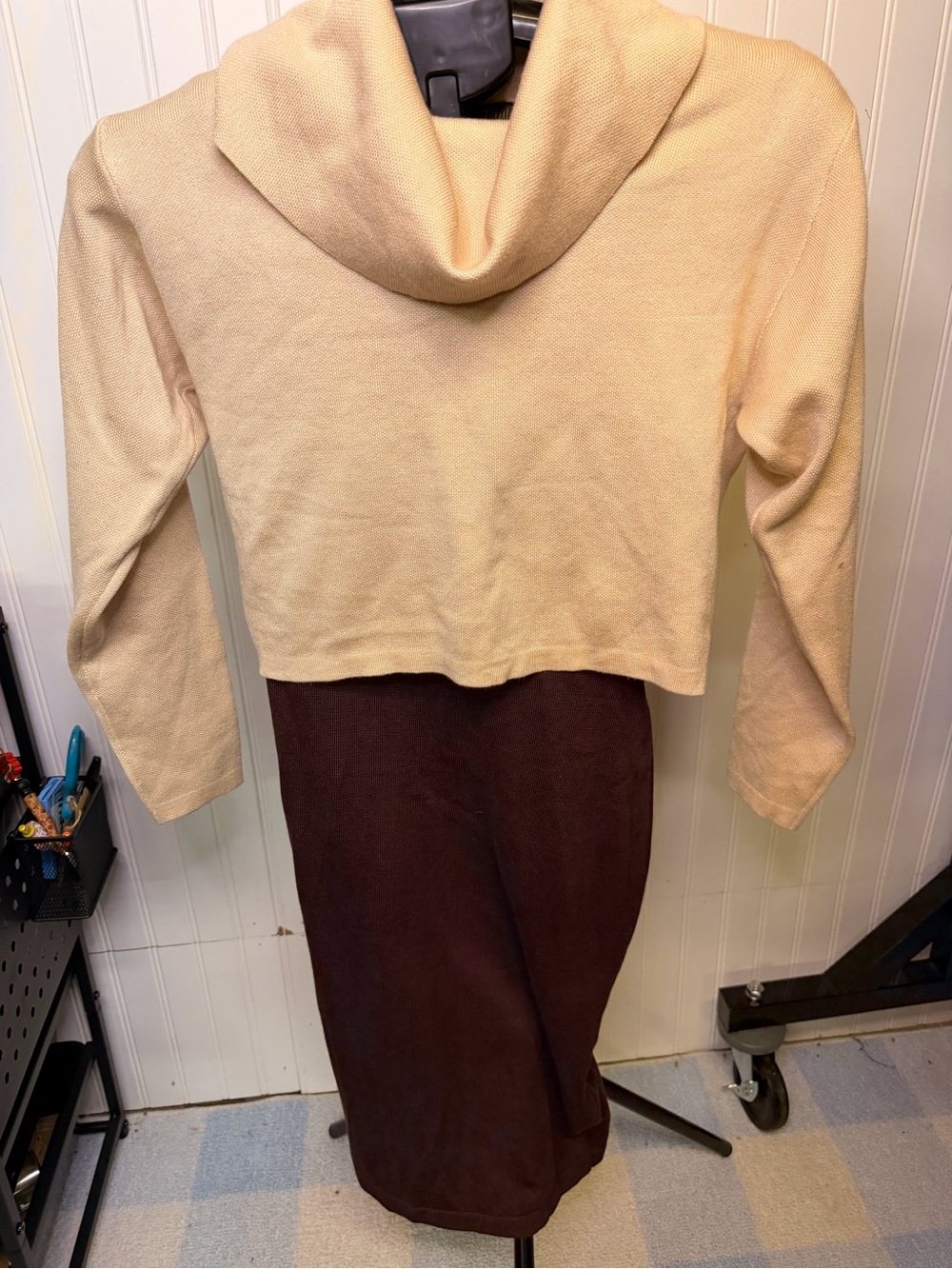 Vintage Taylor Cropped Cowl Neck Sweater Dress in Cream/Brown